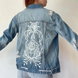 Hand Painted Blue Planet Jean Jacket Distressed Denim Outerwear One of a Kind